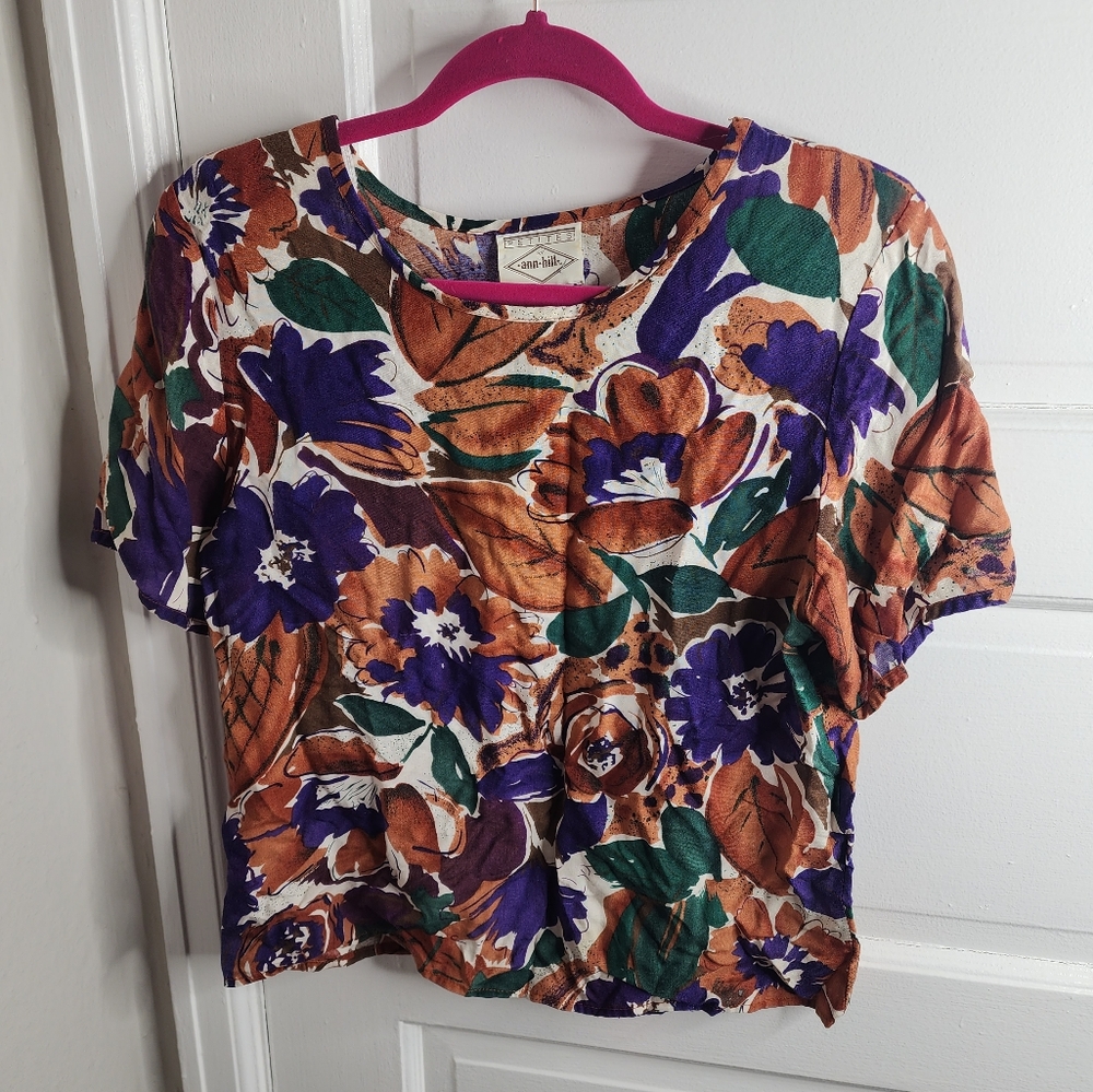 Vintage 80s Ann Hill Floral Short Sleeve Top Blouse Small